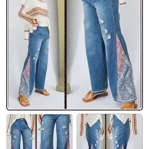 Boho Chic Distressed Wide-Leg Jeans with Paisley Panels by Easel.